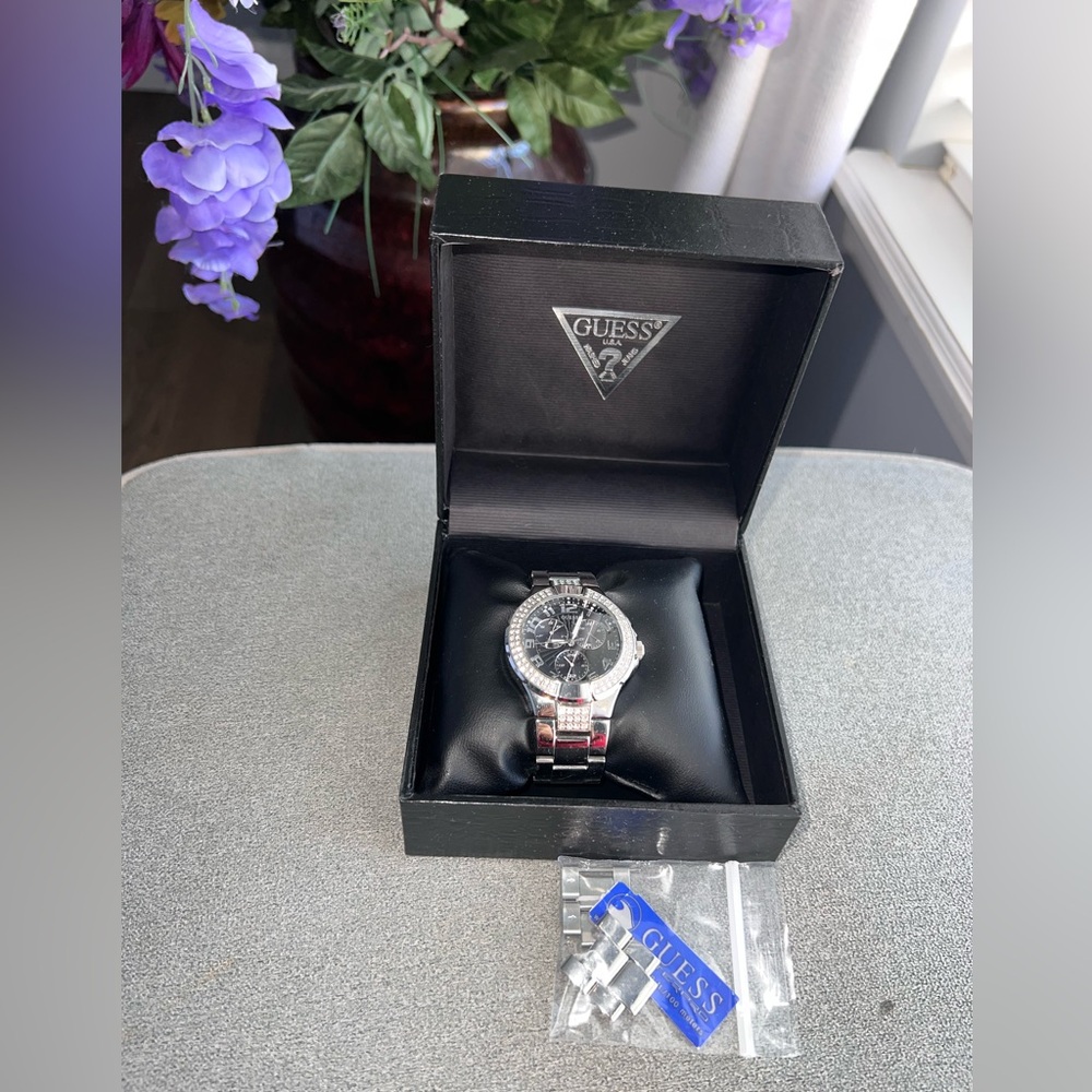 Guess by Marciano Silver-Toned Multifunction Watch with Rhinestone Bezel